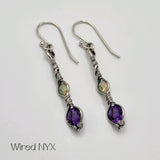 Natural Amethyst & Opal Earrings Wire Wrapped in Sterling Silver (Oxidized) Material: Sterling Silver (Oxidized) Stones: Natural Amethyst & Opal Earring length: 48mm