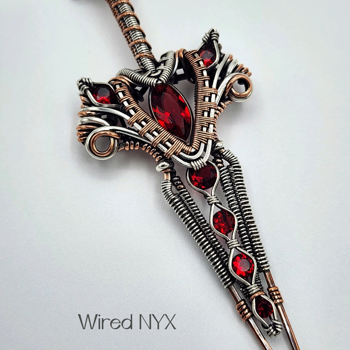Simulated Ruby Wire Wrapped Sword Pendant in Sterling Silver/Copper (O