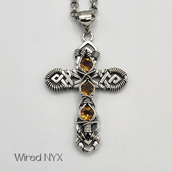 Citrine Gemstone Wire Wrapped Cross Pendant in Sterling Silver