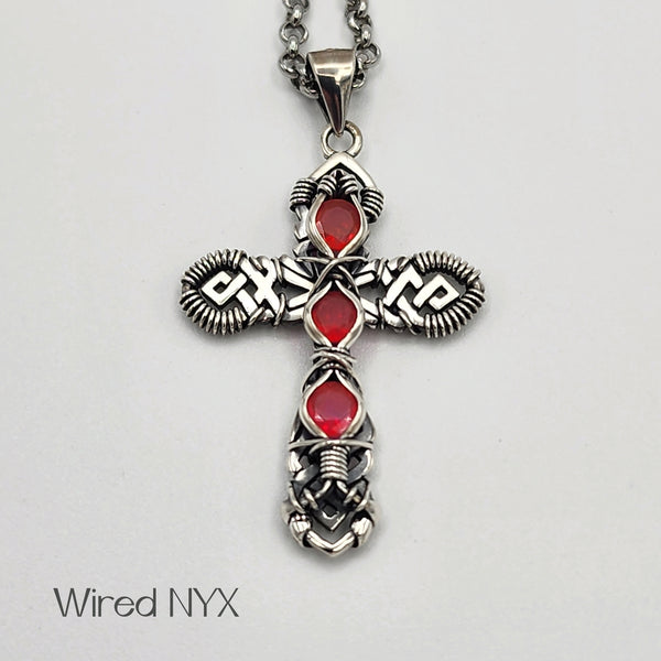Pink Opal Gemstone Wire Wrapped Cross Pendant in Sterling Silver (Oxidized)